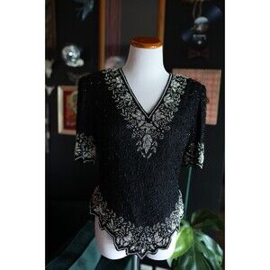 VTG Lawrence Kazar Silk Beaded Top Sequined Asymmetric Gatsby Flapper Party SzPL